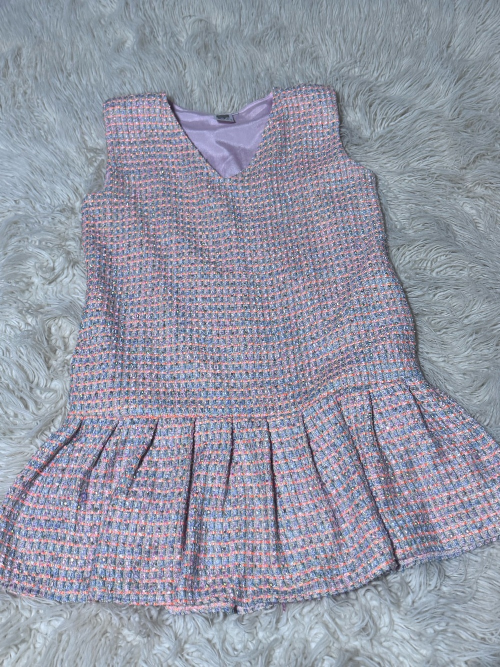 Queen Of Sparkles Tweed Sleeveless Dress Size Medium Pink Orange pleated ruffle